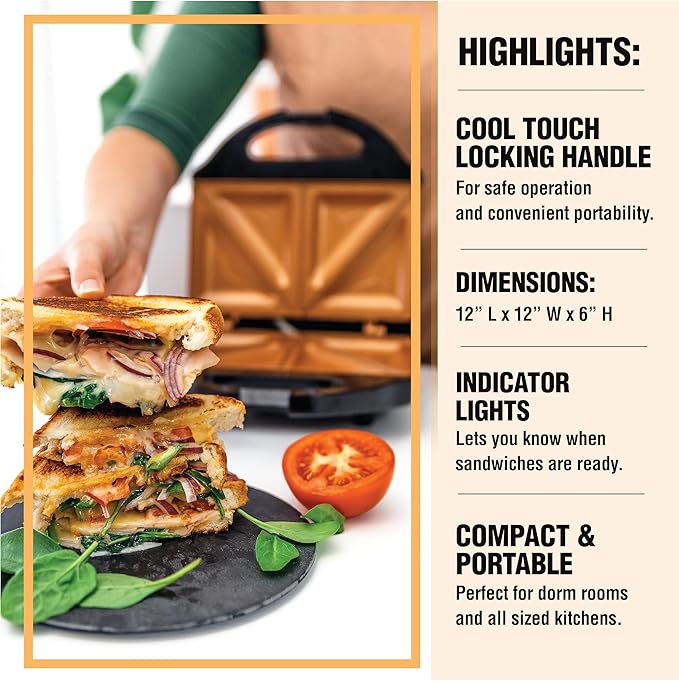 Gotham Steel Nonstick Panini Press Sandwich Maker,2in1 Breakfast Sandwich Maker Grill/Sandwich Press Grill with Indicator Light, Makes 2 Sandwiches with Easy Cut Edges,(Pack of 2)