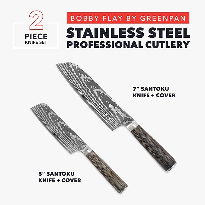 GreenPan x Bobby Flay 5” & 7” Santoku Knife Set, Premium Stainless Steel Blades, Precision Cutting Kitchen Tools, Ultra-Sharp Cutlery, Hand Finished Ergonomic Wood Handle, Damascus Steel Design