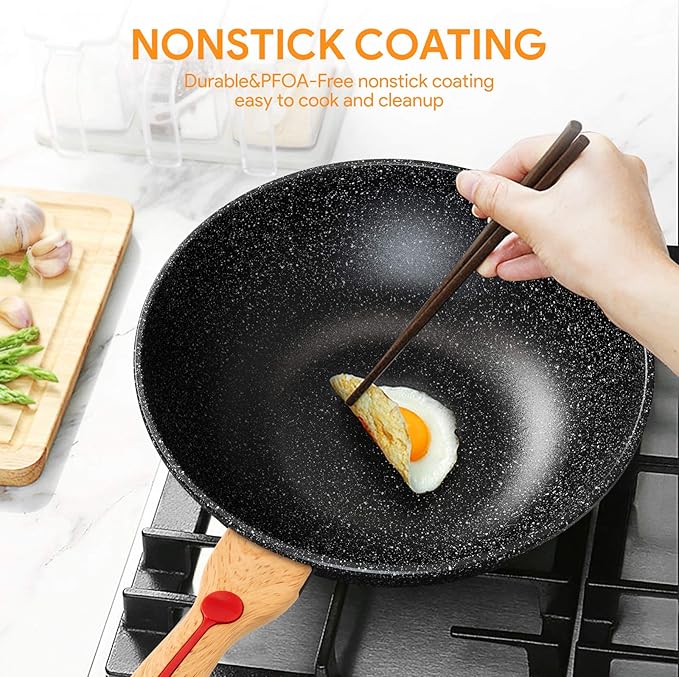 ITSMILLERS Nonstick Wok Aluminium Die-casting Chinese Wok, Scratch Resistant With Lid and Spatula, PFOA-Free, Dishwasher Safe & Induction Bottom,12 Inch,6L,Large Capacity