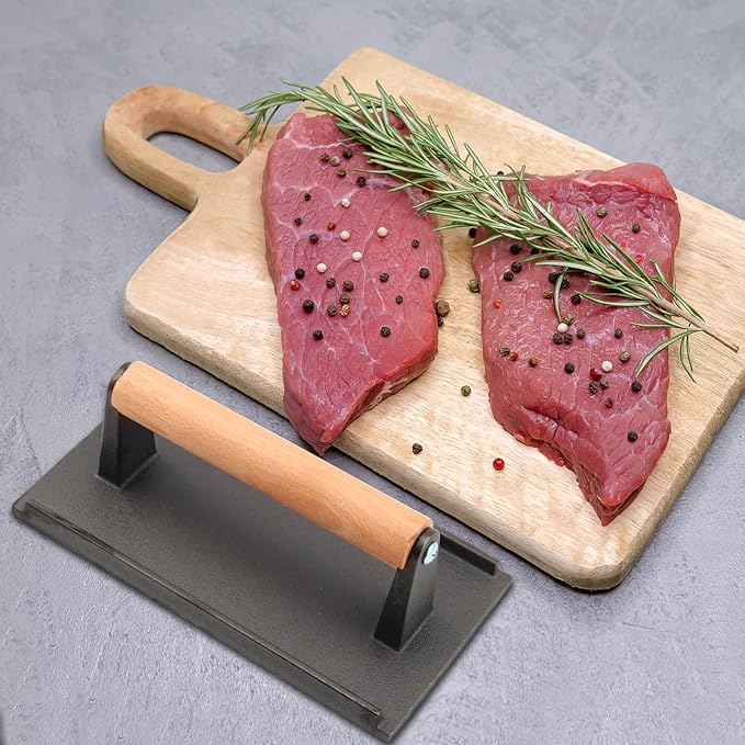 MOUYAT 2 Pack Cast Iron Grill Press, 6.8 Inch Round and 8 Inch Rectangle Heavy Grill Weight Bacon Griddle Press with Wooden Handle, Flat Cooking Weight Press Steak Weights for Bacon Burgers Meat BBQ
