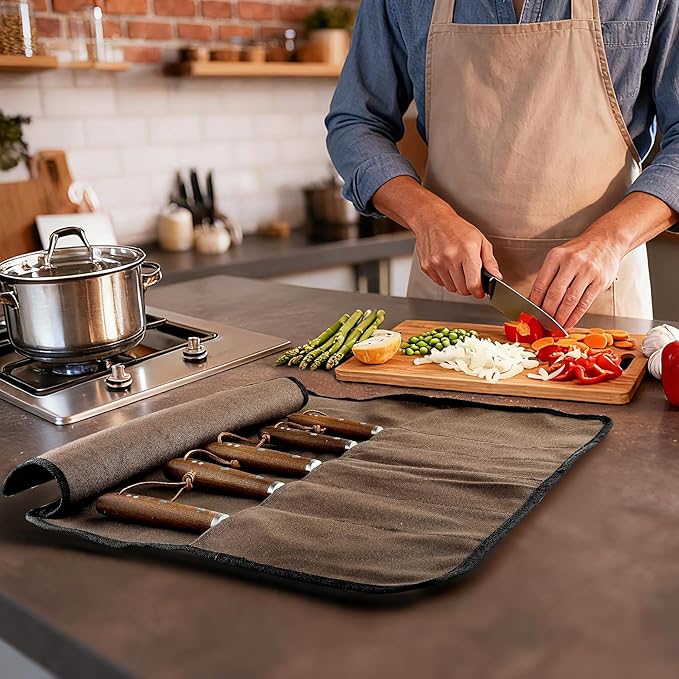VRUIFA Chef’s Knife Roll Bag, Portable Canvas Cases, Chef Bag With 5 Slots Pockets Can Hold Kitchen Knife Tools Up To 15 Inch