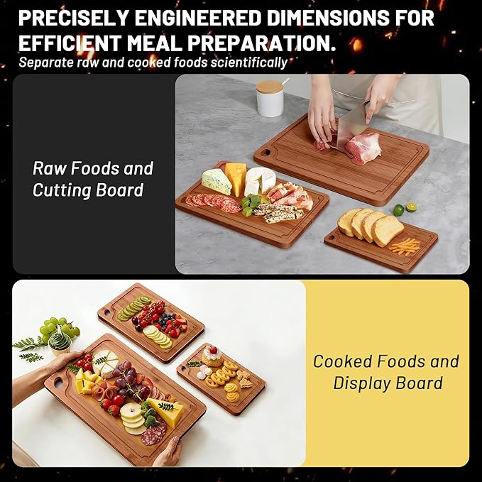 Lacusmall Bamboo Cutting Board, 3 Pcs Cutting Boards for Kitchen with Built-in Handles and Deep Juice Grooves, Wooden Cutting Boards for Separating Meat, Vegetables, fruit, Ideal Kitchen Gift