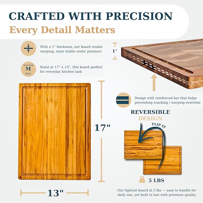 Bearchop Acacia Wood Cutting Board for Kitchen, Butcher Block with 2-Side Reinforced Bar for Crack/Warp Resistance, [17"x13"x1"] Medium Wooden Cutting Boards with Juice Groove, Handle and Gift Box