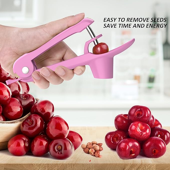 Cherry Pitter - Ordekcity Stainless Steel Cherries Corer Pitter Tool with Hand-held Push Design, Save Time & Space for Making Cherry Jam with Lock Design(Pink)
