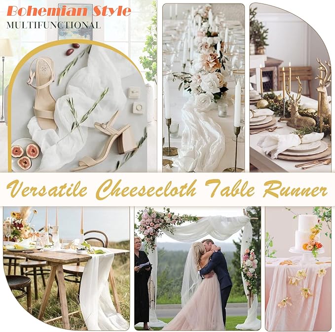 White Cheesecloth Table Runner 1 Pack 35" Boho Gauze 120 inches Long Runner Rustic Sheer Fabric Bulk for Baby Shower Wedding Bridal Birthday Party Picnic Table Decorations