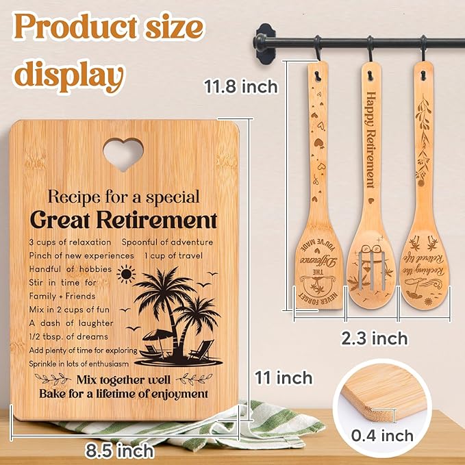 Retirement Gifts for Woman/Men 2026, Happy Retirement Bamboo Cutting Board Set for Colleagues, Friends, Teachers, Bosses, Parents, Family - Recipe for a Special Great Retirement.