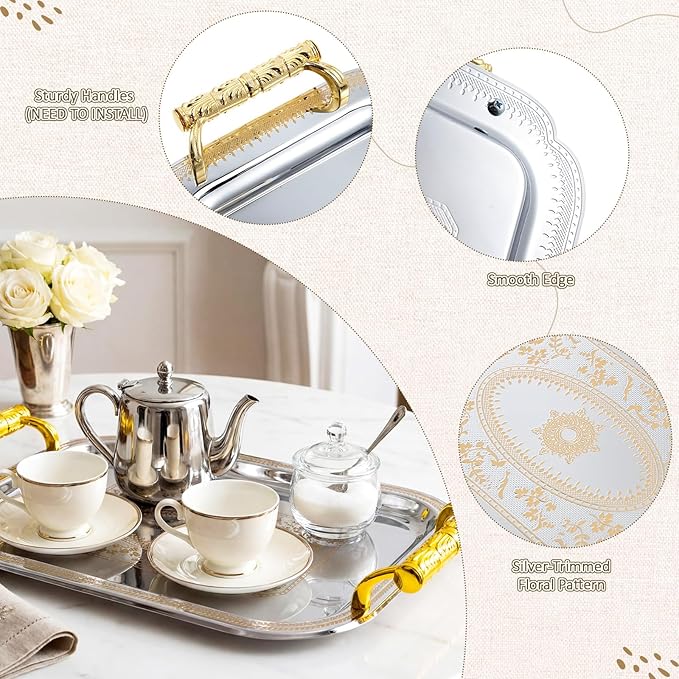 3 Pack Stainless Steel Serving Tray with Gold Handle Silver Metal Plate Platter Coffee Tea Serving Tray Floral Table Platter for Buffet Wedding Party Jewelry, 12" x 8", 13" x 9", 16" x 14"