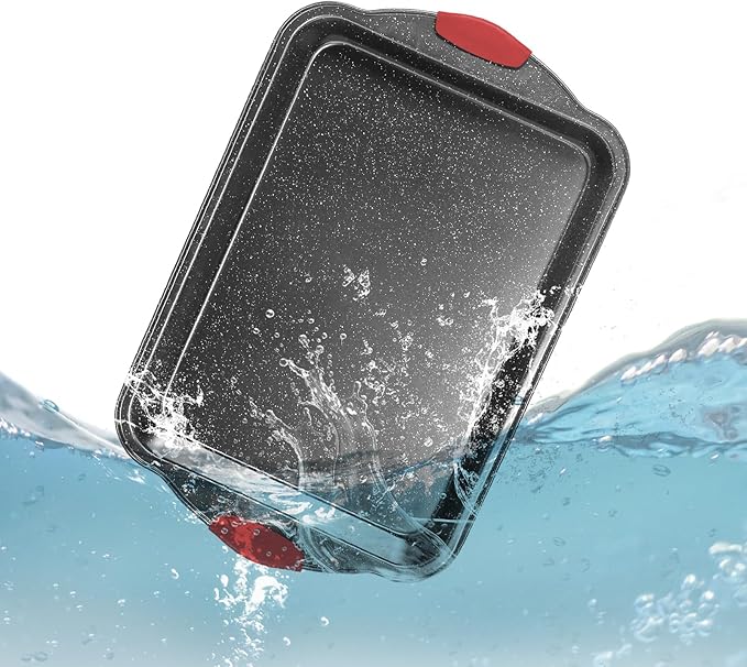 Anveena 3-Piece Nonstick Kitchen Oven Baking Pans - Premium & Stylish Non-Stick Steel, Commercial Grade Restaurant Quality Metal Bakeware with Red Silicone Handles - Easy to Clean black