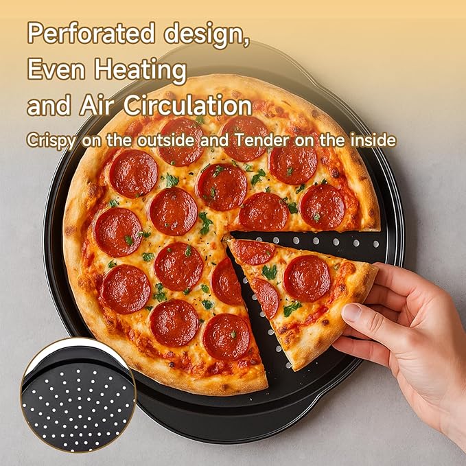Arimagroup 2 Pack 13 Inch Pizza Pan for Oven,Round Carbon Steel Pizza Pan with Holes, Pizza Tray with 2 Silicone Gloves，for Baking, Grilling