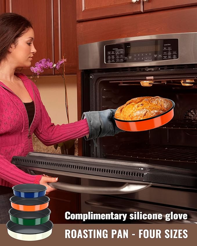 MCCSI Round Baking Pan Set Roasting Dish 4-Pack 9/10/12/14 Inch Enamel Non Stick Large Cookware for Cake Bread Pie Pizza Turkey Steak, Non-Toxic Oven Dishwasher Safe, Christmas Gift Bakeware
