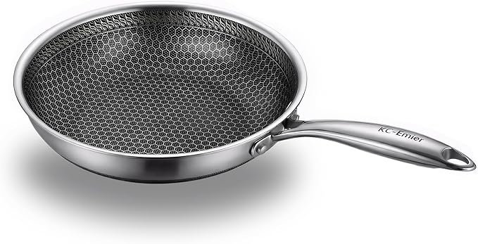 KC-Emier 8 Inch Non-Stick Frying Pan Tri-Ply Stainless Steel Pan with Stay-Cool Handle Oven & Dishwasher Safe For Induction, Ceramic & Gas Stovetops