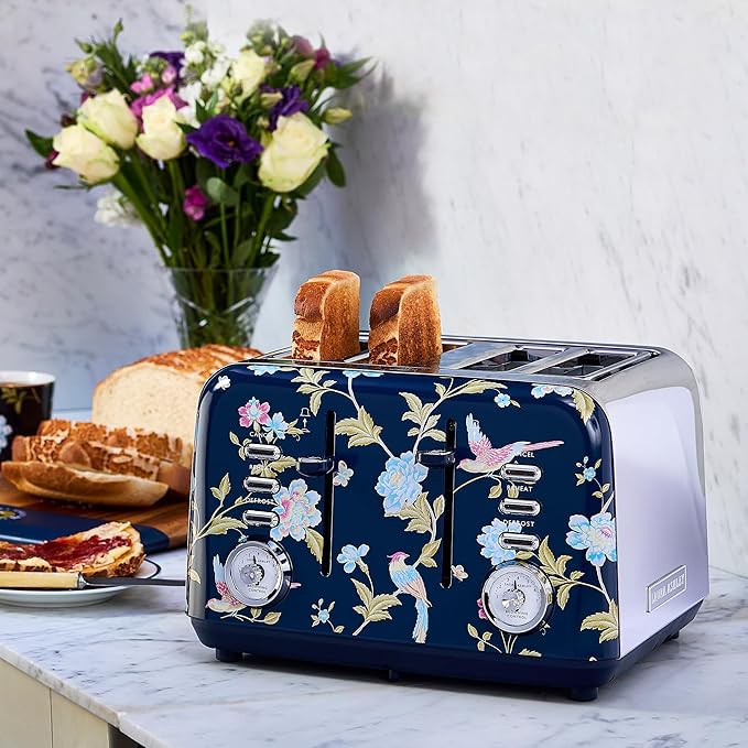 VQ Laura Ashley Elveden Navy Stainless Steel 4 Slice Toaster | Multi-Functional Bagels & Bread Toaster 4 Slice with Adjustable Heating & Defrost Mode | Featuring 4 Wide Slots, Croissant Warming Rack