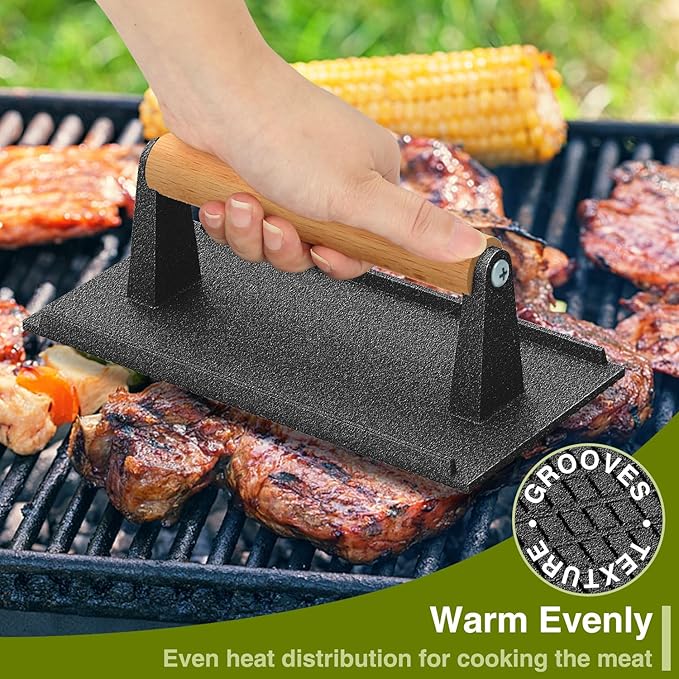 Wildone Burger Press, 7" Round & 8.2"X4.3" Rectangle Heavy-Duty Cast Iron Smash Bacon Press Meat Steak with Wood Handle for Griddle, Sandwich, Panini, Nonstick Pan