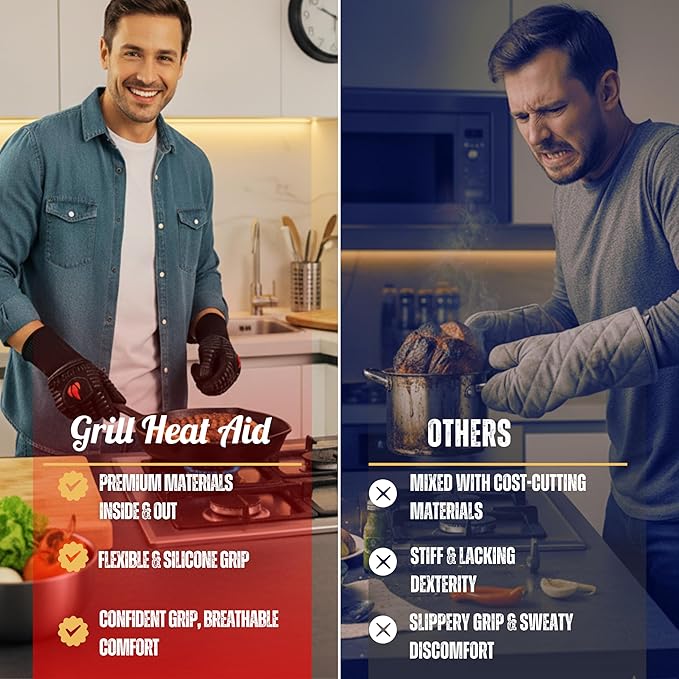 GRILL HEAT AID BBQ Gloves 1472°F Heat-Proof Gloves for Grilling & Barbecue, Heat-Resistant Oven Mitts with Kitchen Dexterity for Cooking, Baking Pizza, Fireproof Glove for Fire Pit, Fireplace, Smoker