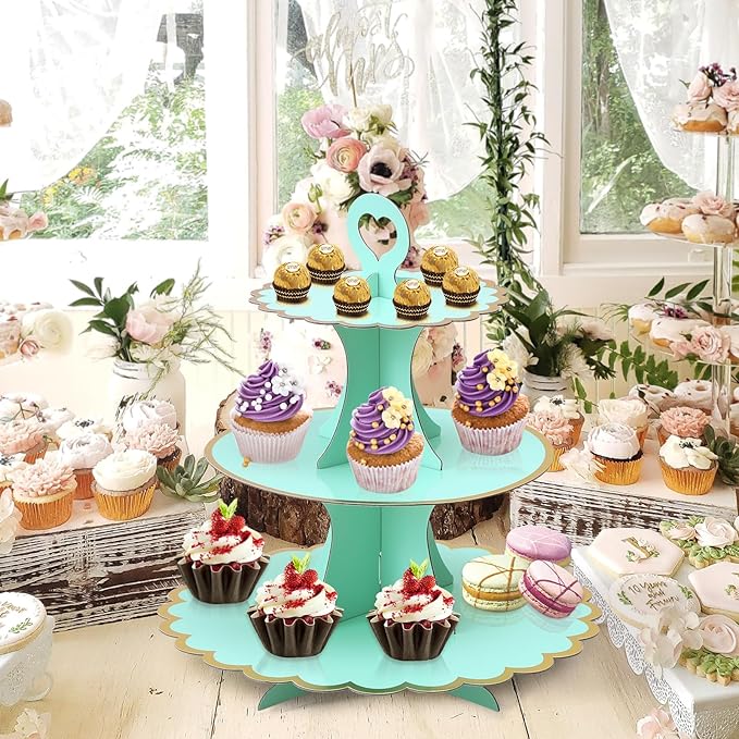 Soleebee 3-Tier Cupcake Stand, Cardboard Cupcake Tower, Cup Cake Stand Tower for Birthday Wedding Party Decoration, Cupcake Tier Stand Desserts Display 2 Set (Green Gold)