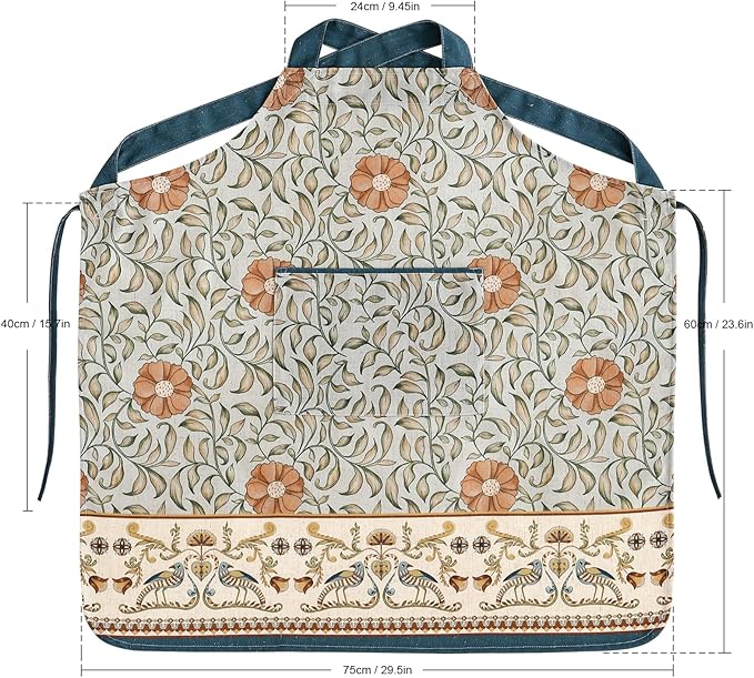 patdrea Blue Floral Linen Apron with Pocket,French Kitchen Garden Chef BBQ Aprons for Women and Men,Crisscross Back Straps