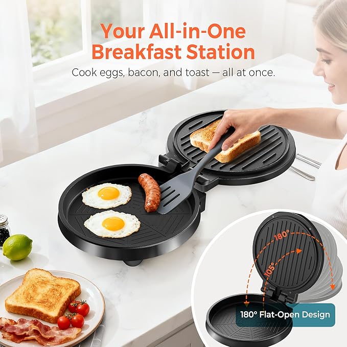3-in-1 Electric Griddle & Panini Press - CACHOO 8" Nonstick Round Griddle and Sandwich Press with On/Off Switch, 180° Open Design, Perfect for Pancakes, Omelettes, Quesadillas, Veggies (Black)