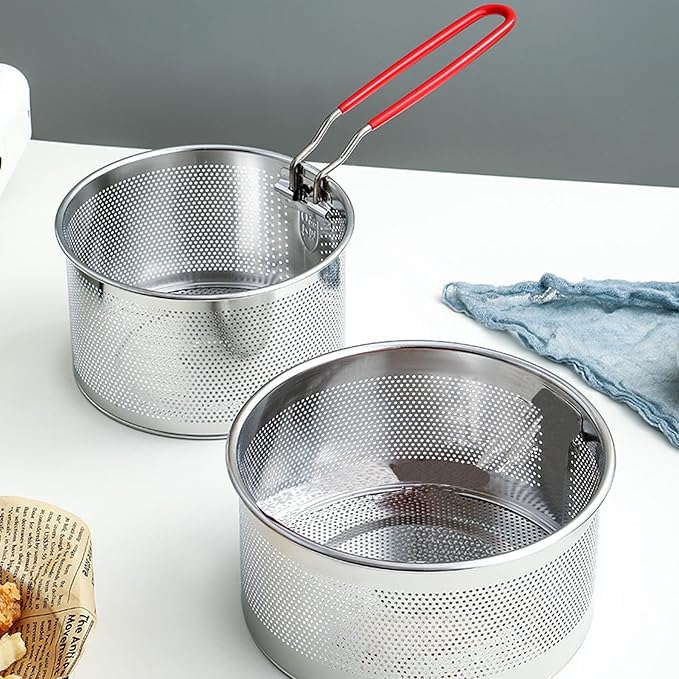 Pasta Strainer Set of 2, Stainless Steel Noodle strainer, 18cm with Removable Handle Metal Pasta Strainer Basket Deep Fryer Basket, Kitchen Colander for Washing Draining Deep-frying Boiling Steaming