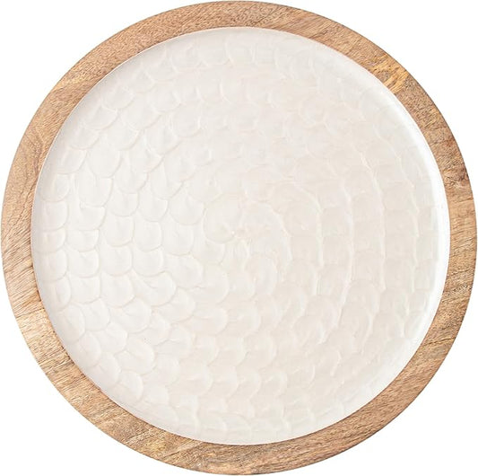Boston International Round Platter Mango Wood Serving Dish, 15", Mother of Pearl