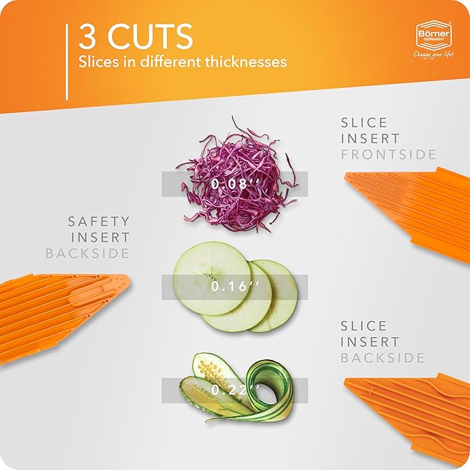 Börner Mandoline Slicer V3 (Basic Set) • V-Slicer for Vegetables & Fruits • Adjustable Kitchen Slicer • 3 Thickness Settings • With Rubber Feet & Stainless Steel V-Blade • Color: Orange