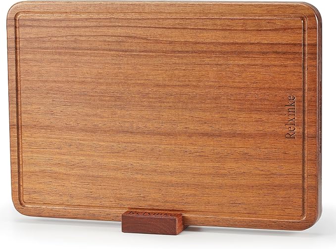 Relxinke Solid Teak Wood Cutting Board One Piece Non Glued Large Thick Crack Resistant Wooden Chopping Board with DeepJuice Grooves Built in Handles for Kitchen Meat Vegetable 16.9x11.8 IN