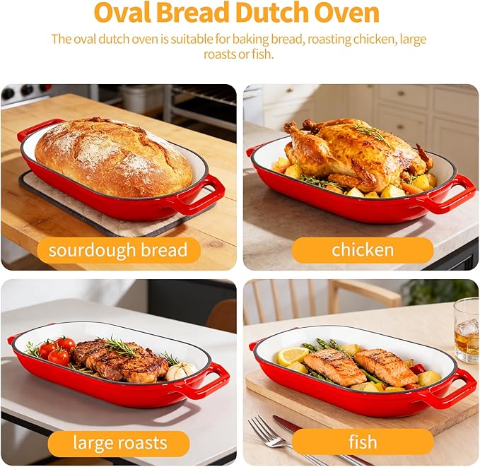 Oval Dutch Oven for Bread Baking, 6QT Enameled Cast Iron Oval Dutch Oven Pot with Lid and Dual Handles, Ceramic Sourdough Bread Baker with Bread Dome, Cooking, Frying, Non-stick Enamel Coated Cookware