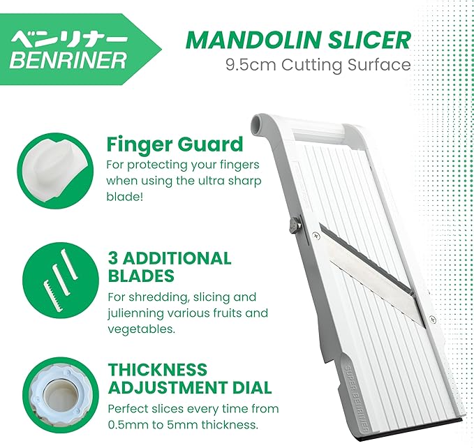 Benriner Mandoline Super Slicer, with 4 Japanese Stainless Steel Blades, BPA Free, 14.5 x 5.25-Inches, New Model