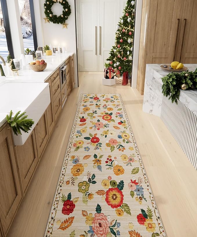 Machine Washable Rug Runners for Hallways: 2X 10 Kitchen Rugs Stain Resistant Non Slip Long Rug with Rubber Backing Soft Floral Carpet Runners for Entryway Kitchen Bedroom Laundry Farmhouse