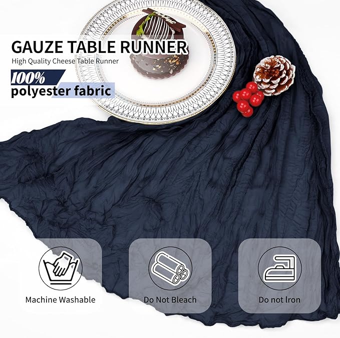 12 Pack Navy Blue Cheesecloth Table Runner 10Ft, Gauze Table Runners 21.5 x 120 inch,Semi Sheer Cheese Cloth Fabric Runner Bulk for Wedding,Party,Baby Shower,Bridal Shower
