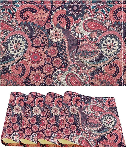 Mandala Placemats Set of 4 Vintage Bohemia Flower Pink Art Printed Dining Table Mats for Restaurant Home Kitchen Holiday Picnic Party Decor 12x18in