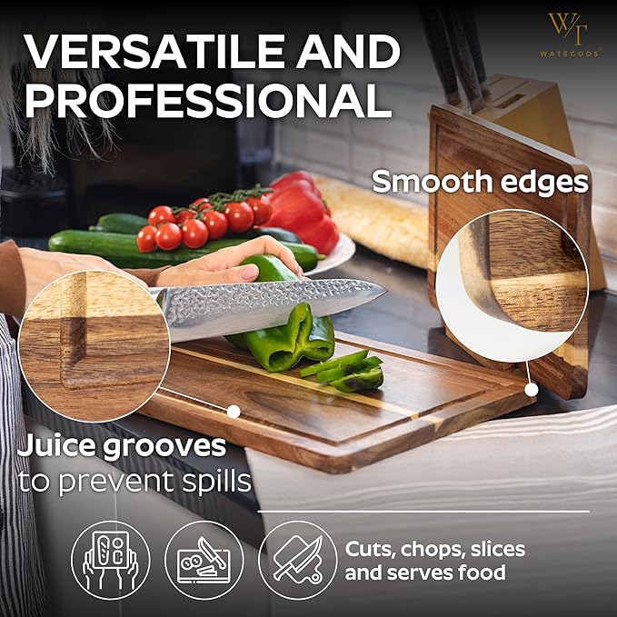 WATEGOOS 2 Pack Acacia Wood Cutting Board for Kitchen Meal Prep & Serving - Large & Small Chopping Boards Set with Juice Grooves - Charcuterie & Chopping Butcher Block - Eco-Friendly Wood for Gift