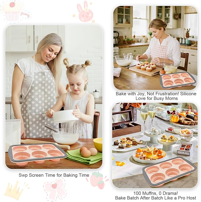 YiYeraio Silicone Muffin Pans for Baking with Metal Frame, 6 Cup Silicone Muffin Pan, Nonstick Cupcake Pan, BPA Free Muffin Tins Easy to Pop Cupcake Baking Pan Molds for Oven Dishwasher Safe Pink