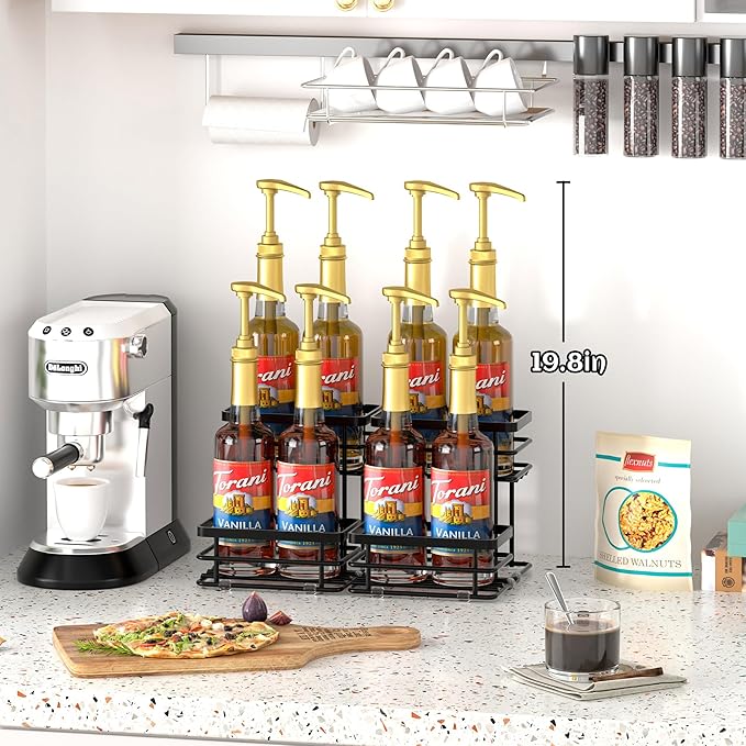 Coffee Syrup Rack Organizer, Syrup Bottle Holder Stand for Coffee Bar, 2-Tier 4 Bottles Storage Shelves for Syrup, Wine, Dressing for Kitchen Countertop (4 Bottles Black)