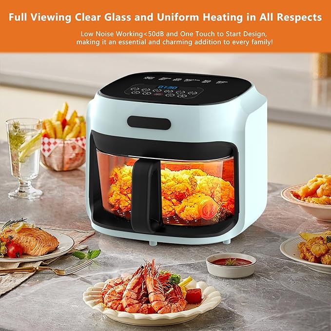 Glass Air Fryer, 7.8QT with Transparent Fry Bowl, Circulating Heating, Temperature Control, Air Fryer Roast, Dishwasher Safe (Green)