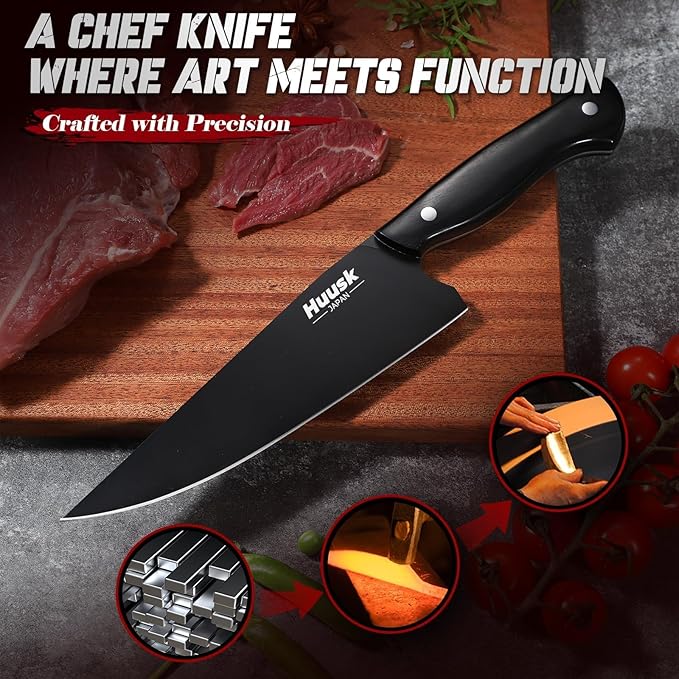 Huusk Japanese Chef Knife for Kitchen - 8in Stainless Kitchen Knife with Black Titanium Coating, All Purpose Cooking Knives for Vegetable & Meat Cutting, Ultra Sharp Gyuto Knives, Men's Christmas Gift