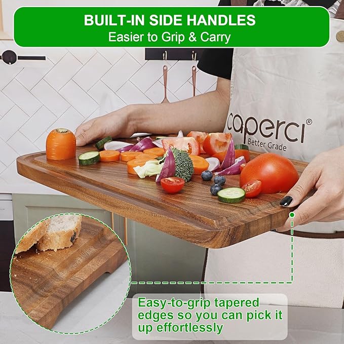 Acacia Wood Cutting Board for Kitchen - Caperci Organic Wooden Chopping Serving Board with Deep Juice Groove for Meat (Butcher Block) Veggies, Fruit and Cheese, 17 x 12"