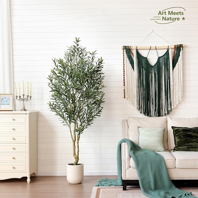Artificial Olive Tree 7FT Tall, Faux Plants Indoor - Fake Plant with Lifelike Leaves,White Planter - Large Fake Olive Trees for Home Living Room Office Bedroom Floor Decor