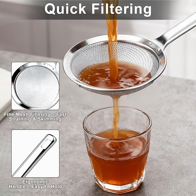 3 Pack Fine Mesh Skimmer Spoons, 304 Stainless Steel Strainer Ladles with Long Handles, Extra Fine Kitchen Sieves for Oil, Grease, Foam, Pasta, Seafood & Hot Pot Cooking