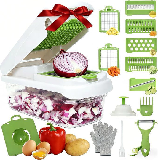 Multifunctional Mandoline Slicer with 7 Blades, Vegetable Chopper Food Cutter with Container, Onion Dicer Potato Grater Salad Prep Tool, Stainless Steel Kitchen Gadgets for Veggie Fruit (White)