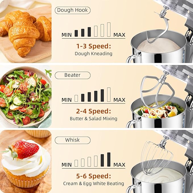 Babroun Dough Mixer 8.45 QT Electric Mixer - 660W 6 Speed Large Capacity Kitchen Stand Mixer with Whisk Dough Hook Mixing Beater Household Food Mixer for Baking Cakes Cookie Bread Salad