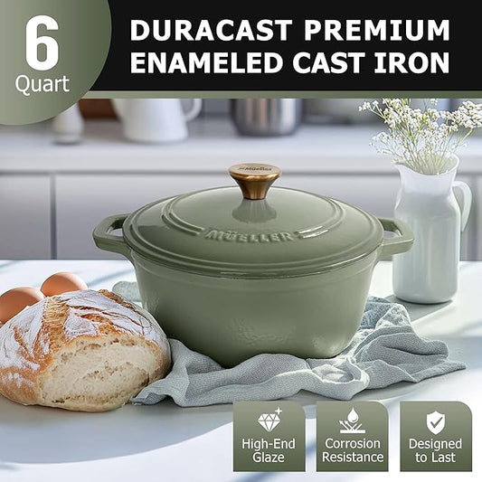 MUELLER HOME 6 Quart Enameled Cast Iron Dutch Oven For Sourdough Bread Baking, Heavy-Duty, Oven-Safe up to 500° F & Across All Cooktops, Casserole Dishes, Green Kitchen Accessories, Thyme Green