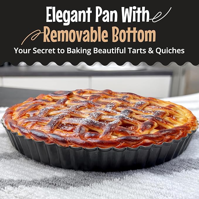 YUMTART 9 Inch Tart Pan with Removable Bottom – Non-Stick Deep Fluted Quiche and Pie Pan, Carbon Steel Loose Bottom Tart Pan, 9.5 Inch Top / 9 Inch Base, 1.1 Inch Deep Baking Pan