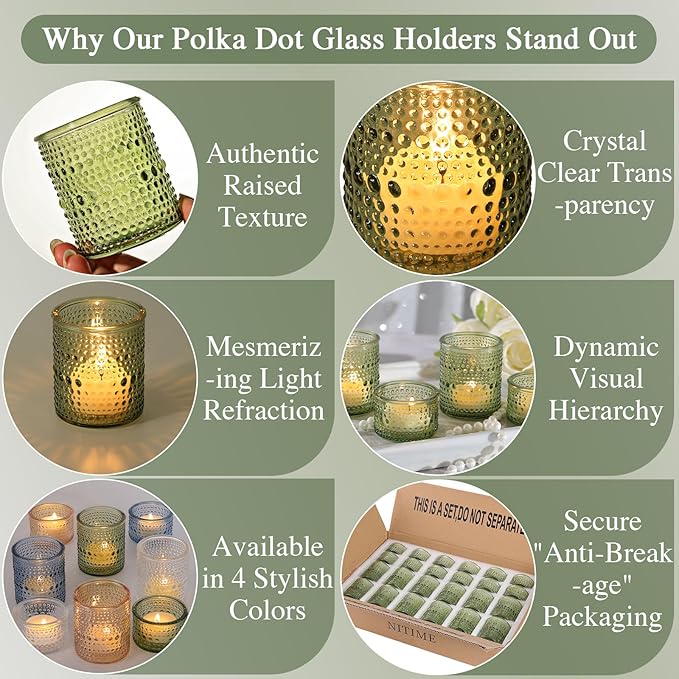 Green Votive Candle Holders Set of 24, Assorted Heights Polka Dot Tealight Candle Holders for Table Centerpiece, Green Glass Candle Holder Decor for Wedding, Party & Home Decor