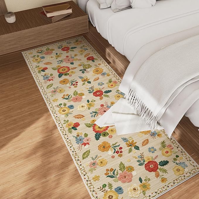 Machine Washable Runner Rug for Hallway: 2'6"x8' Kitchen Runners Rug with Rubber Backing Non Slip Stain Resistant Floral Floor Rug Soft Carpet Runners for Indoor Entryway Bedroom Bedside Living Room