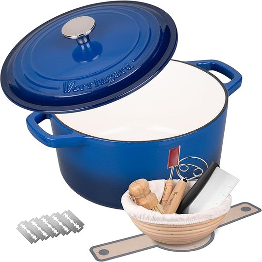 VORRINGARD Enameled Cast Iron Dutch Oven Pot with Lid, for Bread Baking, Round Bread Oven- include Sourdough Bread Baking Supplies Set, 6QT, Blue