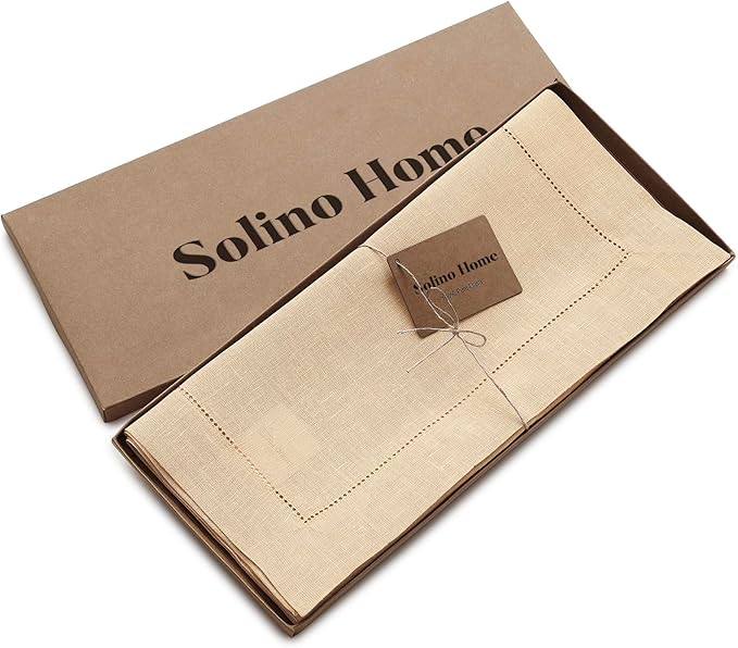 Solino Home Linen Beige Table Runner 120 Inches Long - 100% Pure Linen 14 x 120 Inch Table Runner for Spring, Easter - Classic Hemstitch