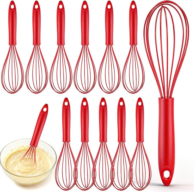 Domensi 24 Pcs 10 Inch Red Silicone Whisk Non Scratch Balloon Wire Whisk for Cooking Manual Egg Beater Milk Coffee Frother, Baking Gifts Cooking Supplies for Christmas Gift Party Stocking Stuffers