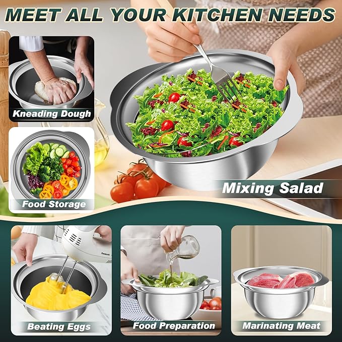 Stainless Steel Colanders with Mixing Bowl - 3.0QT & 2.0QT Strainer and Colander with Handle, 3.5QT Nesting Kitchen Bowl with Colander For Pasta, Vegetables, Fruit, Rice