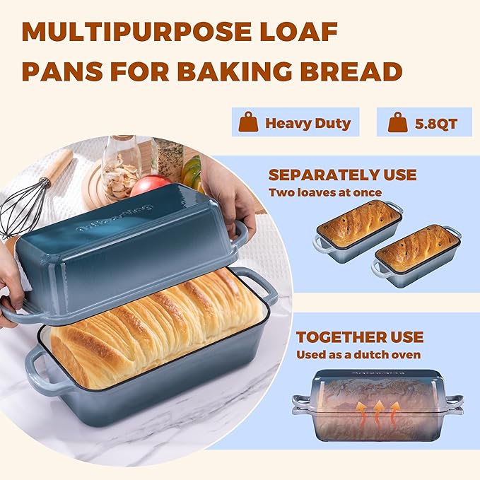 Articasting 11x5 Inch Cast Iron Bread Loaf Pan With Lid, 5.8 Qt Large Loaf Pan for Sourdough Bread Baking, Heavy Duty Dutch Oven Bread Pan For a Crispy Crust, Seasalt