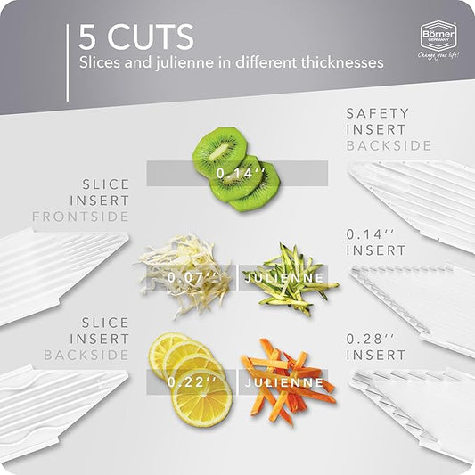 Mandoline Food Slicer Börner V1 (Profi Set) by Reston Lloyd • V-Slicer with 4 Inserts, Docking Station & Food Holder • Made in Germany • Fruit & Vegetable Chopper • Multiple Settings • Color: White